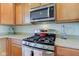 Modern kitchen featuring stainless steel range, microwave, countertops, and wooden cabinets at 1950 Midnight Pass, Brownsburg, IN 46112
