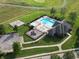Aerial view of a community pool, playground, parking lot, and golf course at 3789 Shady Pointe Row, Greenwood, IN 46143
