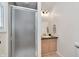 Compact bathroom with tiled shower, vanity, and modern fixtures at 7859 Jennifer Ln, Brownsburg, IN 46112