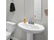 Bathroom with a pedestal sink, toilet and neutral paint at 10319 Pronghorn Ln, Indianapolis, IN 46239