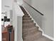 Carpeted staircase with a wooden handrail and neutral walls leading to the upper level at 10319 Pronghorn Ln, Indianapolis, IN 46239