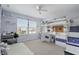Lofted bed featuring lighting, shelving, carpet, and natural light at 1575 Oakvista Dr, Greenwood, IN 46143