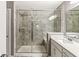Modern bathroom with single sink vanity, quartz countertop and a sleek tiled walk-in shower at 3527 Brampton Ln, Westfield, IN 46074