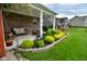 Spacious backyard with a covered patio, lush landscaping, a well-manicured lawn, and a view of neighboring homes at 4415 Voyageur Way, Carmel, IN 46074