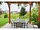 Covered patio featuring an outdoor dining set, brick flooring, and serene views of the lush backyard and neighborhood at 4415 Voyageur Way, Carmel, IN 46074