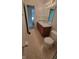 Bathroom with a vanity, sink, toilet, mirror, tile floors, and a view into another room at 10629 Simsbury Ct, Indianapolis, IN 46236