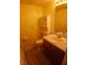 Bathroom featuring a single vanity, sink, toilet, mirror, and vinyl flooring at 10629 Simsbury Ct, Indianapolis, IN 46236