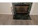 Close-up of the fireplace with a striking green marble surround and hearth at 10629 Simsbury Ct, Indianapolis, IN 46236