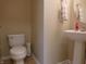 Compact bathroom with a pedestal sink, toilet, and neutral wall color at 12866 Thames Dr, Fishers, IN 46037