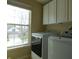 Bright laundry room with large window, washer, dryer, and storage cabinets above at 12866 Thames Dr, Fishers, IN 46037