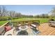 Relaxing back deck with chairs, firepit and a serene view of the pond at 13351 Grosbeak Ct, Carmel, IN 46033