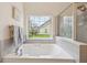 Bright bathroom with a soaking tub beneath a large window and a separate glass enclosed shower at 13351 Grosbeak Ct, Carmel, IN 46033