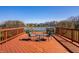 Red wooden deck featuring outdoor seating and beautiful lake views, perfect for relaxation and entertaining at 3634 W 58Th St, Indianapolis, IN 46228