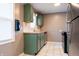 Modern kitchen featuring stainless steel appliances and stylish green cabinets with butcher block countertops at 4547 Farrington Ave, Indianapolis, IN 46201