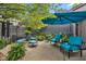 Inviting patio area with comfortable seating and a bright blue umbrella at 5333 Thicket Hill Ln, Indianapolis, IN 46226