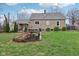 Spacious backyard with mature landscaping, picnic table, and stone accents at 5945 Mcfarland Rd, Indianapolis, IN 46227