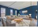 Bright living room with blue walls, large windows, two sofas, and a stylish area rug at 8235 Picadilly Ln, Indianapolis, IN 46256