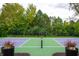 Full shot of the home's tennis court accented with manicured landscaping and lush trees at 8737 Chateaugay Dr, Indianapolis, IN 46217