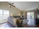 Spacious living room featuring a ceiling fan, fireplace, and sliding doors to the backyard patio at 10047 Perlita Pl, Fishers, IN 46038