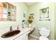 Charming powder room with decorative accents, marble countertop, dark sink, and a toilet at 1153 Diablo Rd, Greenwood, IN 46143