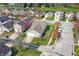 An aerial shot of a neighborhood showcasing single Gathering homes with attached garages on tree-lined streets at 14444 Black Farm Dr, Noblesville, IN 46060