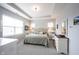 Light and bright bedroom with tray ceiling and neutral tones, featuring a plush bed at 1534 Cloverdon Dr, Westfield, IN 46074