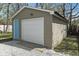 A detached garage with a white garage door and a blue side door at 2249 N Centennial St, Indianapolis, IN 46222
