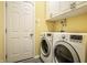 Well-lit laundry room with white cabinets, modern washer, and dryer at 6049 Royal Gate Pl, Indianapolis, IN 46237