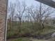 A serene view of the backyard's lush greenery and stream seen through a window provides a tranquil setting at 6525 Emerald Hill Ct # 208, Indianapolis, IN 46237