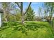 Lush backyard features a meticulously maintained lawn and mature trees, creating a serene outdoor setting at 7205 Steven Ln, Indianapolis, IN 46260