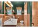 Bathroom featuring wood paneling, unique wall color, decorative mirror and modern fixtures at 7205 Steven Ln, Indianapolis, IN 46260
