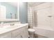 Bright bathroom with white marble tile shower and a white vanity with a brushed-nickel faucet at 9531 Charter Dr, Indianapolis, IN 46250