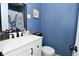 Stylish bathroom featuring a modern vanity with black hardware, blue walls, and a decorative mirror at 1229 Dallas Dr, Plainfield, IN 46168
