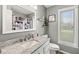 Bathroom featuring gray walls, white cabinets with marble countertops and blinds on the window at 334 Stonehedge Dr, Carmel, IN 46032