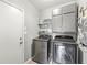 Laundry room with modern washer and dryer units and gray cabinets and shelves at 334 Stonehedge Dr, Carmel, IN 46032