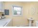 Half bath with pedestal sink, mirror and window to backyard at 3462 Briar Creek Ln, Carmel, IN 46033