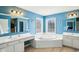 Main bathroom featuring a garden tub, dual sinks, and plenty of natural light from two windows at 4281 Honeysuckle Ln, Zionsville, IN 46077