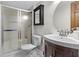 Bathroom with a shower, dark cabinet, and round mirror at 5455 S 800 E, Zionsville, IN 46077