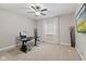 Neutral bedroom with a ceiling fan, carpet, and a black desk with a computer at 6841 W Glory Maple Dr, McCordsville, IN 46055