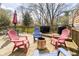 Outdoor deck featuring colorful patio chairs, tables, a grill, and a fire pit for relaxing at 9270 N Temple Ave, Indianapolis, IN 46240