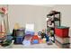 Unfinished storage area with shelving and storage containers at 10955 Chapel Woods N Blvd, Noblesville, IN 46060