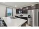 Stylish kitchen featuring stainless steel appliances, dark cabinets, and a view of the outdoors at 1862 Downey Ln, Greenfield, IN 46140