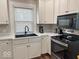 Well-lit kitchen featuring white cabinets, gray backsplash, and black appliances at 37 N Arlington Ave, Indianapolis, IN 46219