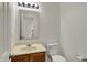 Clean half bathroom features a vanity with cabinet and a large mirror with modern lighting at 4827 Spring Flower Ct, Indianapolis, IN 46237