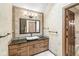 Bathroom with granite counters, vessel sink, tile backsplash and patterned wall paper at 5298 Royal Troon Way, Avon, IN 46123