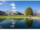 Scenic backyard view of a pond with bridge and lush greenery reflecting the home's facade at 5441 Red Hawk Ln, Greenwood, IN 46142