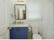 Bathroom featuring a blue vanity and shower with modern fixtures and decor at 7014 Eagle Dr, Nineveh, IN 46164