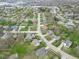 Aerial shot displays a home in a neighborhood with tree-lined streets at 9362 Helmsdale Dr, Indianapolis, IN 46256
