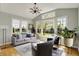 Sunlit living room with vaulted ceiling, modern lighting, and view of the backyard at 11509 Wildlife Ct, Zionsville, IN 46077