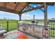 Covered outdoor kitchen featuring a built-in grill, pizza oven, granite countertops, and stainless steel drawers at 1581 S 825 E, Zionsville, IN 46077